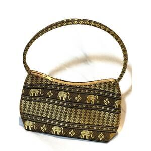 Brown & Gold Novelty Bag Purse Handbag Safari Print Elephant Embroidered Travel